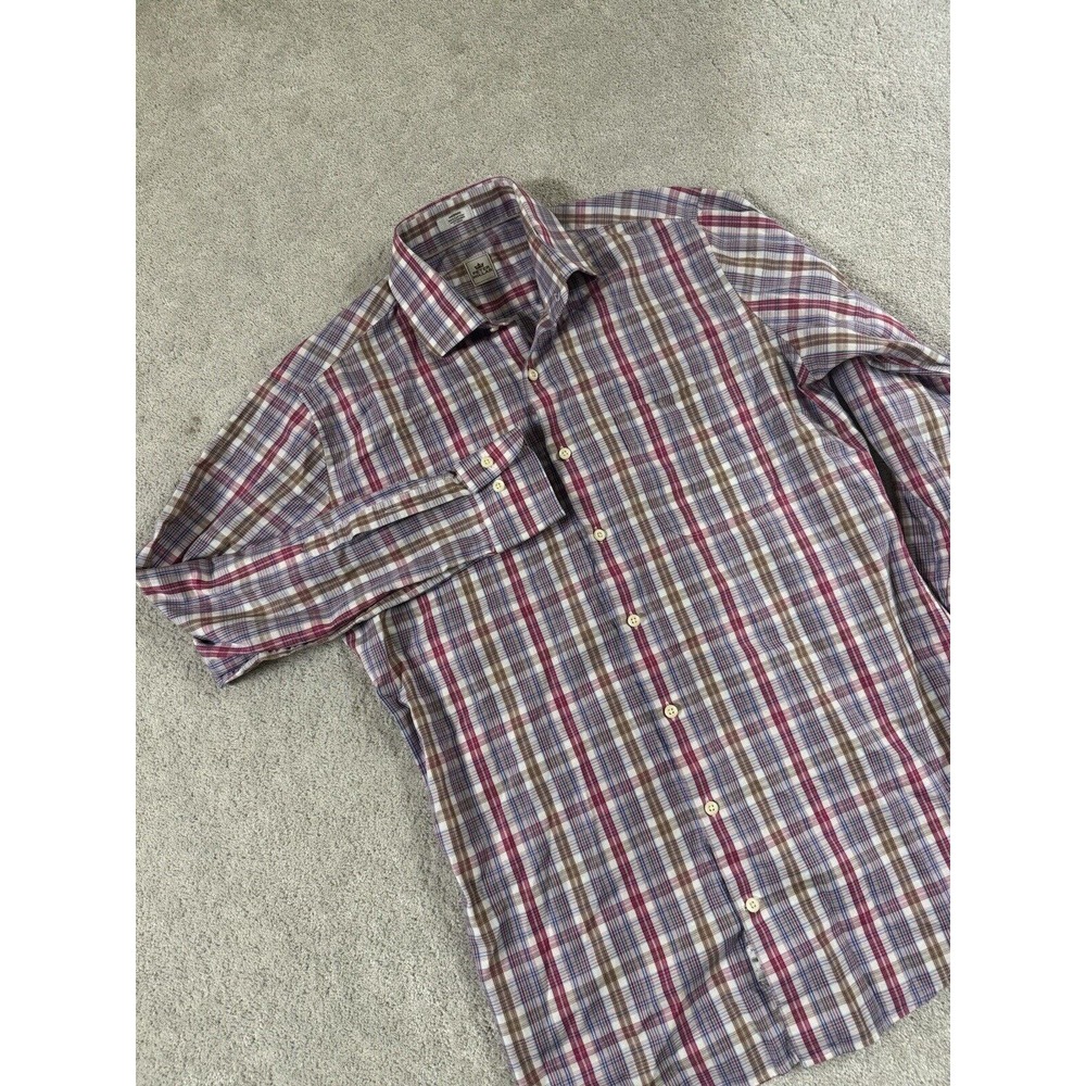 Peter Millar Men's Long Sleeve Button Down Brown Pink Blue Plaid Shirt Medium